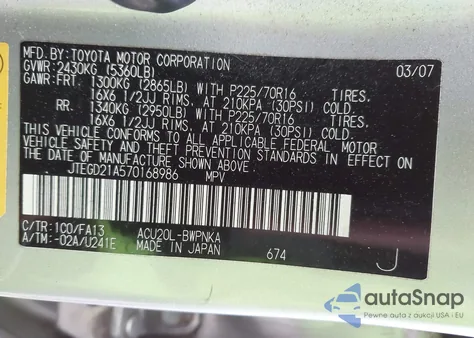 2007 Toyota Highlander from USA, damaged, VIN JTEGD21A570168986